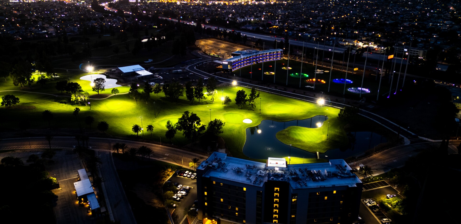 Golf course lit at night for night golf